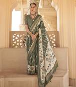 Silk Blend foil print dark green contemporary saree