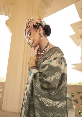 Silk Blend foil print dark green saree 2