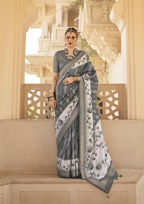 silk blend foil print grey saree 1