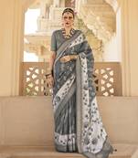 Silk Blend foil print grey contemporary saree