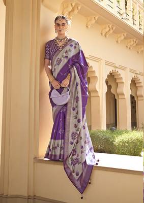 Silk Blend foil print purple saree 1