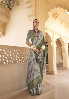 Silk Blend foil print dark green saree 1