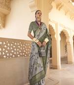 Silk Blend foil print dark green contemporary saree