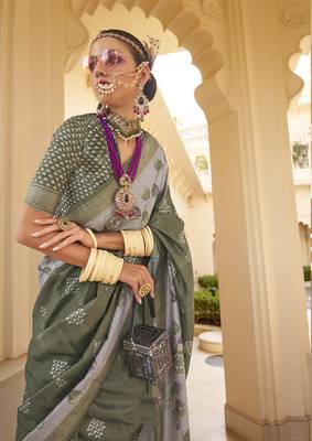 Silk Blend foil print dark green saree 2