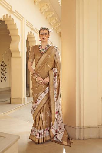 Silk Blend foil print brown contemporary saree
