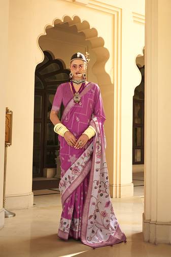 Silk Blend foil print pink contemporary saree