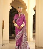 Silk Blend foil print pink contemporary saree