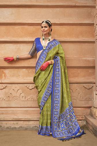 Olive and blue patola print silk Blend ceremonial saree