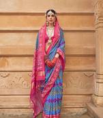 Blue patola print silk blend ceremonial saree