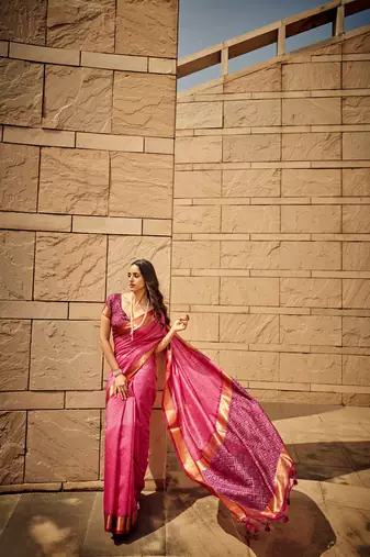 Pink Soft Khadi Raw Silk With Patola Weaving Pallu And Zari Weaving Border With Blouse