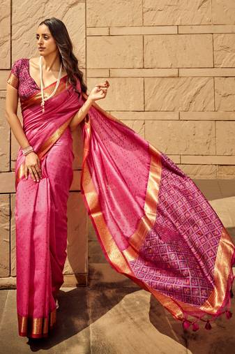 Pink Soft Khadi Raw Silk With Patola Weaving Pallu And Zari Weaving Border With Blouse