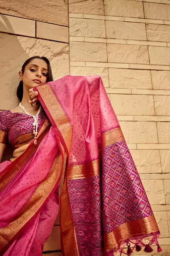 Pink Soft Khadi Raw Silk With Patola Weaving Pallu And Zari Weaving Border With Blouse