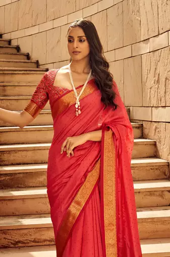 Red Soft Khadi Raw Silk With Patola Weaving Pallu And Zari Weaving Border With Blouse