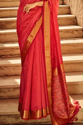 Red Soft Khadi Raw Silk With Patola Weaving Pallu And Zari Weaving Border With Blouse