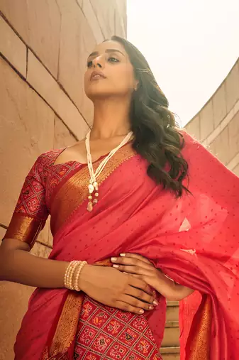 Red Soft Khadi Raw Silk With Patola Weaving Pallu And Zari Weaving Border With Blouse
