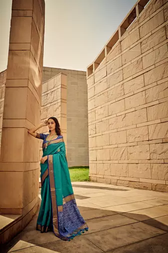 Teal Soft Khadi Raw Silk With Patola Weaving Pallu And Zari Weaving Border With Blouse