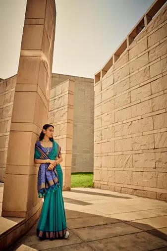 Teal Soft Khadi Raw Silk With Patola Weaving Pallu And Zari Weaving Border With Blouse