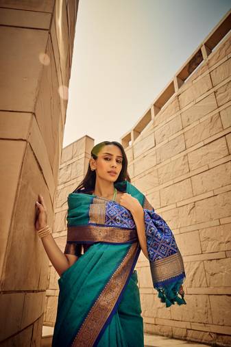Teal Soft Khadi Raw Silk With Patola Weaving Pallu And Zari Weaving Border With Blouse