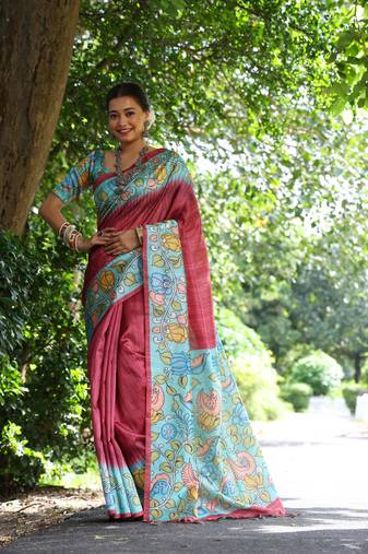Red Soft Tussar Silk Saree With Kalamkari Print and Digial Printed Pallu With Blouse