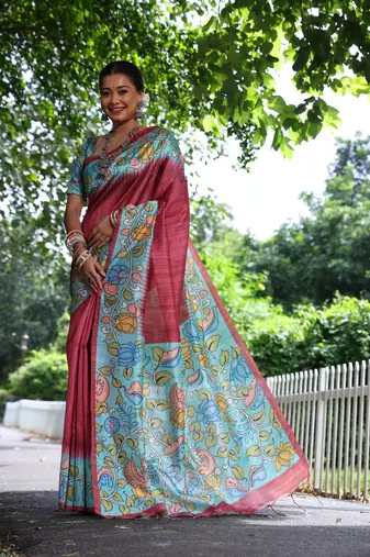 Red Soft Tussar Silk Saree With Kalamkari Print and Digial Printed Pallu With Blouse