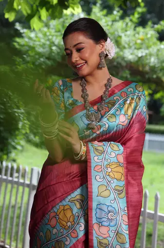 Red Soft Tussar Silk Saree With Kalamkari Print and Digial Printed Pallu With Blouse