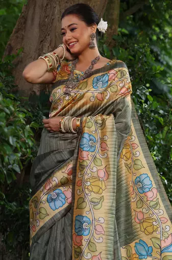 Mehendi Soft Tussar Silk Saree With Kalamkari Print and Digial Printed Pallu With Blouse