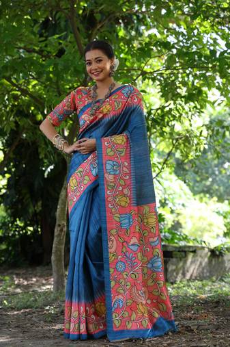 Blue Soft Tussar Silk Saree With Kalamkari Print and Digial Printed Pallu With Blouse