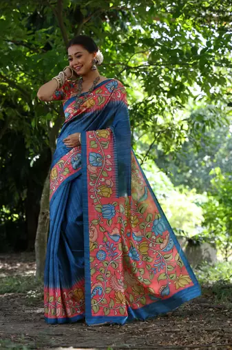 Blue Soft Tussar Silk Saree With Kalamkari Print and Digial Printed Pallu With Blouse