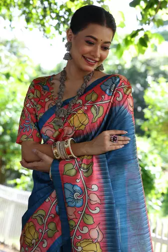 Blue Soft Tussar Silk Saree With Kalamkari Print and Digial Printed Pallu With Blouse