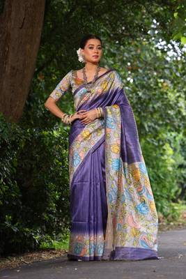 Purple Soft Tussar Silk Saree With Kalamkari Print and Digial Printed Pallu With Blouse 1