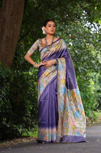 Purple Soft Tussar Silk Saree With Kalamkari Print and Digial Printed Pallu With Blouse
