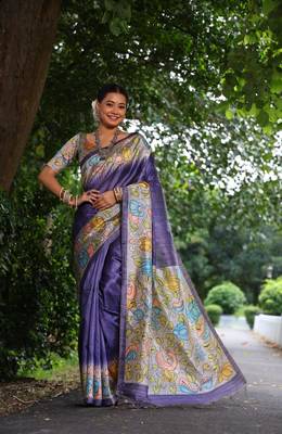 Purple Soft Tussar Silk Saree With Kalamkari Print and Digial Printed Pallu With Blouse 2