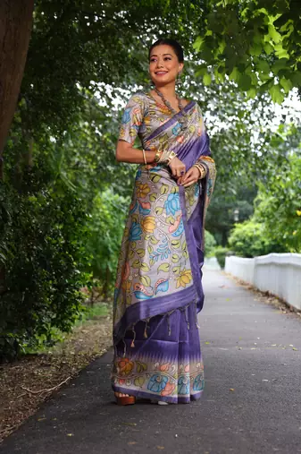 Purple Soft Tussar Silk Saree With Kalamkari Print and Digial Printed Pallu With Blouse