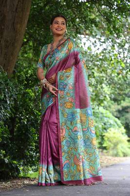 Magenta Soft Tussar Silk Saree With Kalamkari Print and Digial Printed Pallu With Blouse 1