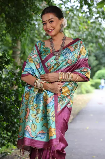 Magenta Soft Tussar Silk Saree With Kalamkari Print and Digial Printed Pallu With Blouse