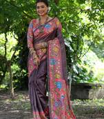 Brown Soft Tussar Silk Saree With Kalamkari Print and Digial Printed Pallu With Blouse