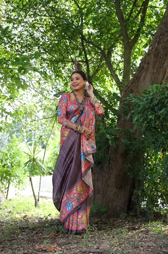 Brown Soft Tussar Silk Saree With Kalamkari Print and Digial Printed Pallu With Blouse