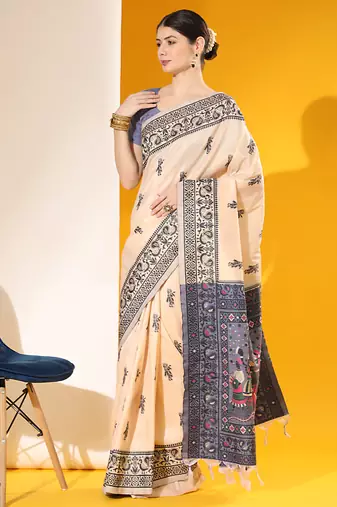 Off White Soft  Raw Silk With Zari Weaving Pallu And Zari Weaving Border With Blouse
