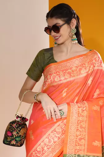 Orange Soft  Raw Silk With Zari Weaving Pallu And Zari Weaving Border With Blouse