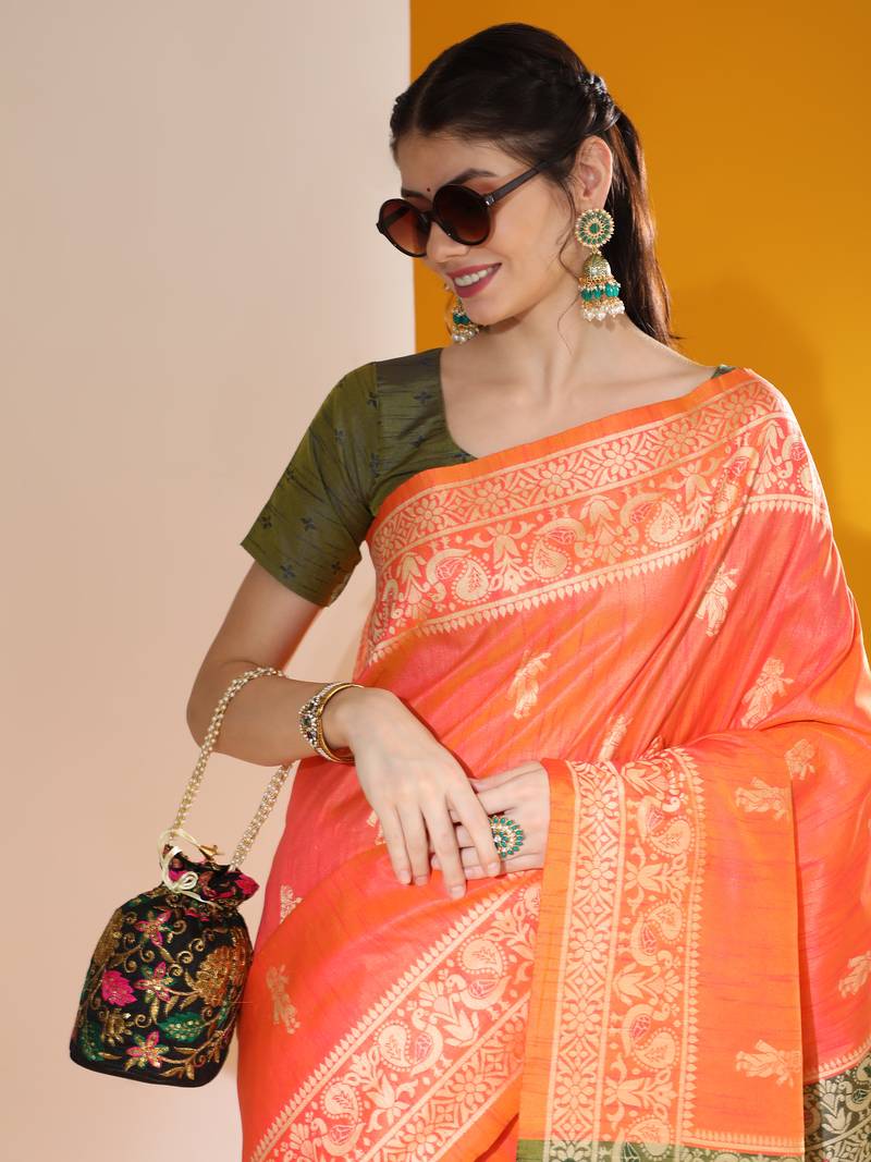 Orange Soft  Raw Silk With Zari Weaving Pallu And Zari Weaving Border With Blouse