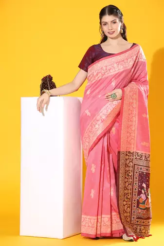 Pink Soft  Raw Silk With Zari Weaving Pallu And Zari Weaving Border With Blouse
