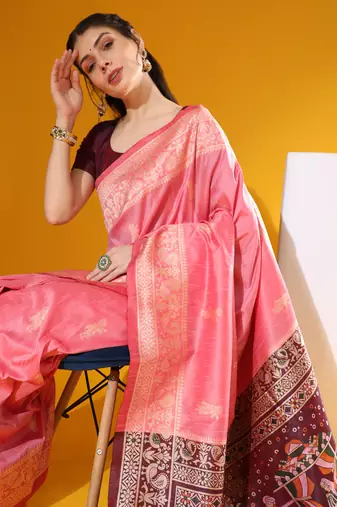 Pink Soft  Raw Silk With Zari Weaving Pallu And Zari Weaving Border With Blouse