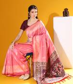 Pink Soft  Raw Silk With Zari Weaving Pallu And Zari Weaving Border With Blouse
