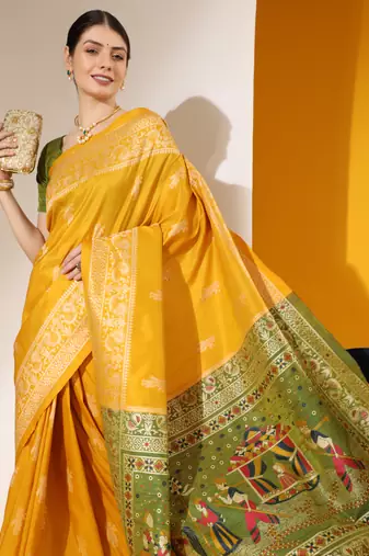 Yellow Soft  Raw Silk With Zari Weaving Pallu And Zari Weaving Border With Blouse