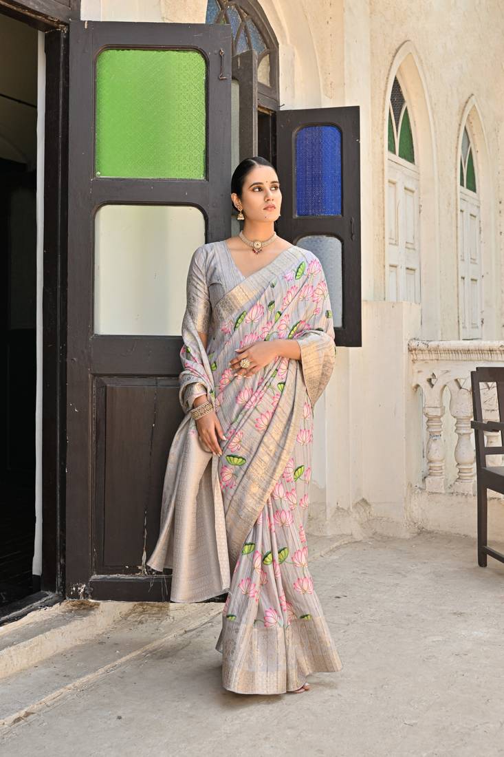 Grey Soft Cotton Silk Saree With Zari Weaving Pallu And Border With Blouse