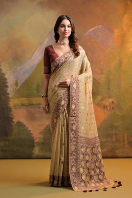Cream Soft Muga Cotton Saree With Jamdani Type Border And All Over Small Butties With Blouse 1