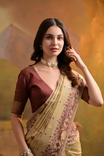 Cream Soft Muga Cotton Saree With Jamdani Type Border And All Over Small Butties With Blouse