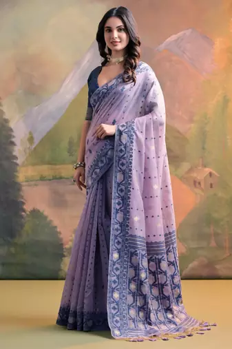 Lavender Soft Muga Cotton Saree With Jamdani Type Border And All Over Small Butties With Blouse