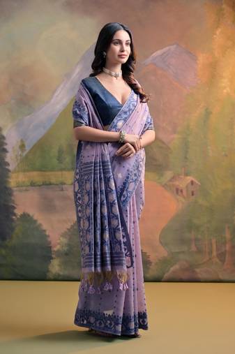 Lavender Soft Muga Cotton Saree With Jamdani Type Border And All Over Small Butties With Blouse