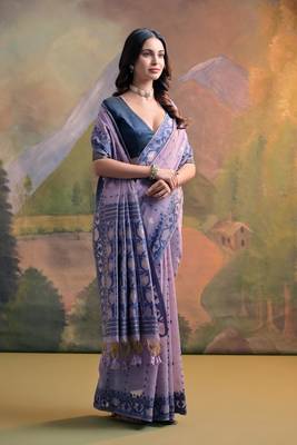 Lavender Soft Muga Cotton Saree With Jamdani Type Border And All Over Small Butties With Blouse 1